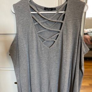 Cold shoulder scoop neck with crossed chest detail